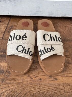 Chloe Woody Mule Sandal Slide Linen Women's Size 40